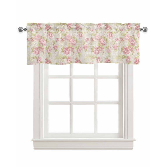 Pink Flower Linen Curtain Valance for Bedroom/Bathroom/Kitchen/Office/Living/Dining Room Windows,Sage Green Pastoral Country European Leaves Pocket Topper Drapes Decorative Cafe Drapery Panel 42x12