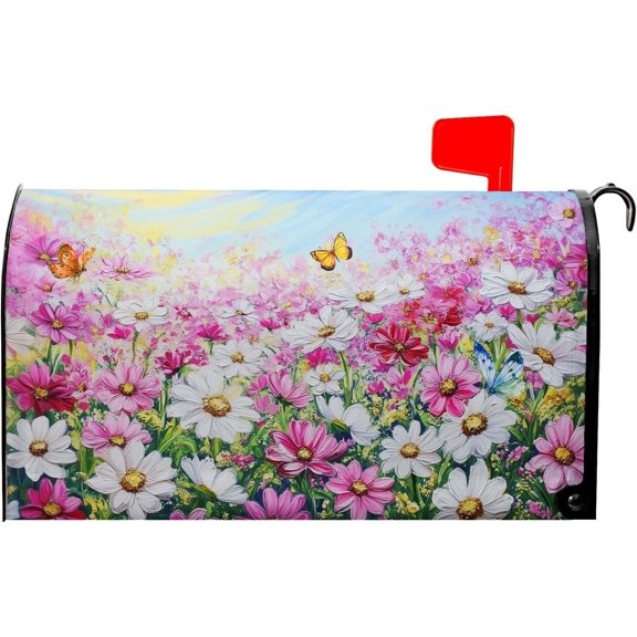 Pink Flower Mailbox Cover Summer Butterfly Mailbox Covers Magnetic Standard Size Spring Daisy Mail Box Wrap Colorful Floral Post Letter Box Cover 21x18 inch for Garden Farmhouse Outdoor Decoration