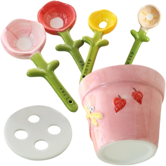 Pink Flower Measuring Cups - Decorative Ceramic Set, Baking Spoon Tools, Floral Kitchen Gadgets, Precision Coffee Measures, Indoor Cooking Use, Home Dish Prep
