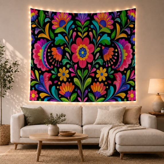 Pink Flower in a Mirrored Garden of Colorful Vines, Playful Folk Art for Botanical Fans, Floral Wall Art, Housewarming Gift, Tapestry Wall Hanging for Bedroom and Living Room