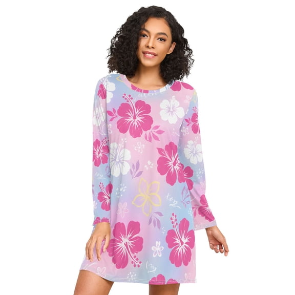 Pink Flower Nightgowns for Women Soft Sleepwear Long Sleeves Ladies Sleepshirt Nightdress