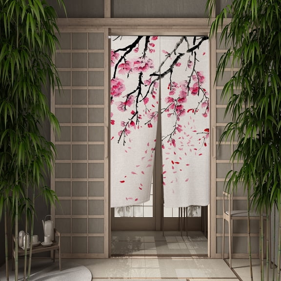 Pink Flower Noren Doorway Curtain,Chinese Style Tapestry for Wall Hanging,Noren Bedroom Partition Kithchen Divider Bathroom Door Decor,33.5"x59"