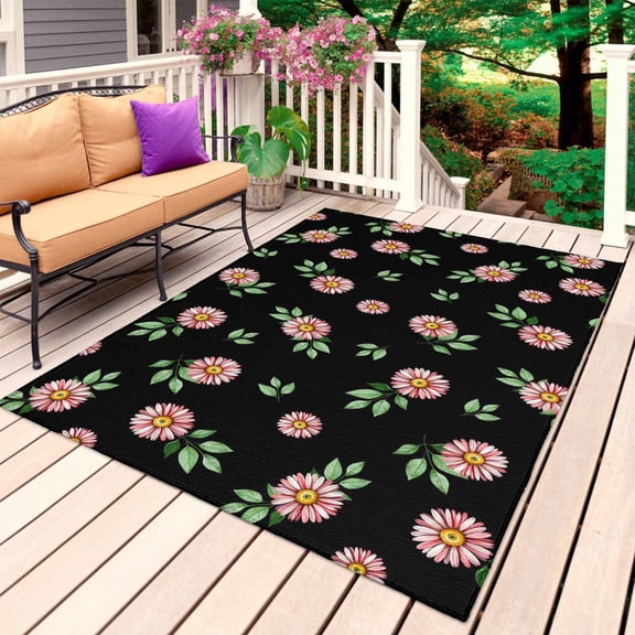 Pink Flower Outdoor Rug for Patio/Deck/Porch, Non-Slip Large Area Rug 3 x 5 Ft, Daisies Leaves Wildflower Floral Black Indoor Outdoor Rugs Washable Area Rugs, Reversible Camping Rug Carpet Runner