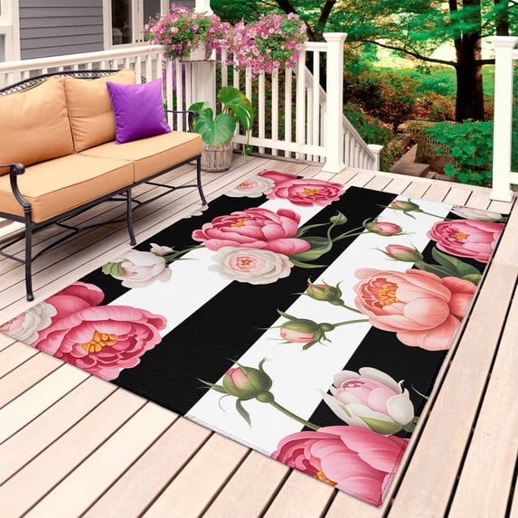 Pink Flower Outdoor Rug for Patio/Deck/Porch, Non-Slip Large Area Rug 5 x 7 Ft, Black White Stripesvintage Floral Indoor Outdoor Rugs Washable Area Rugs, Reversible Camping Rug Carpet Runner