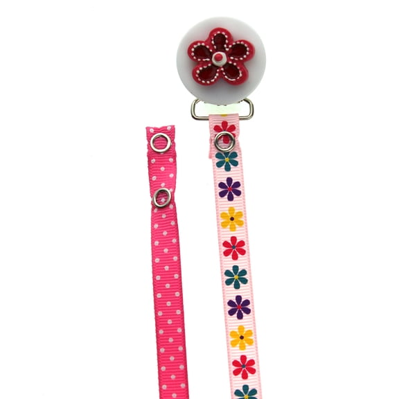 Pink Flower Pacifier Clip With Two Interchangeable Ribbons