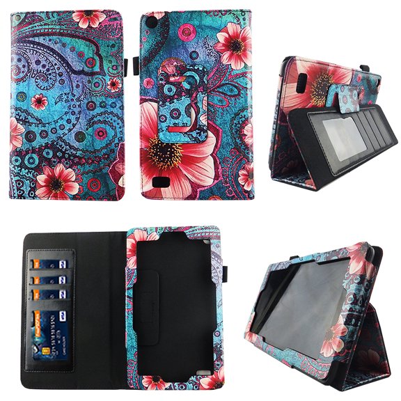 Pink Flower Paisley Folio Case  Fire 7 inch Slim Fit Pu Leather Standing Protective Cover for Amazon Fire 7 Tablet 2015 5th Gen Stylus Holder ID Slots