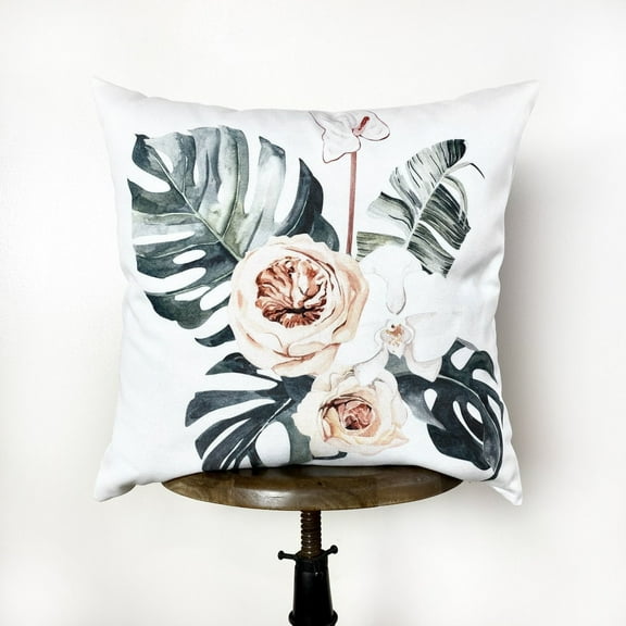 Pink Flower | Palm | Leaves | Throw Pillow Cover | Home Décor | Throw Pillow White | White Throw Pillows | Designer Pillows | Room Decor