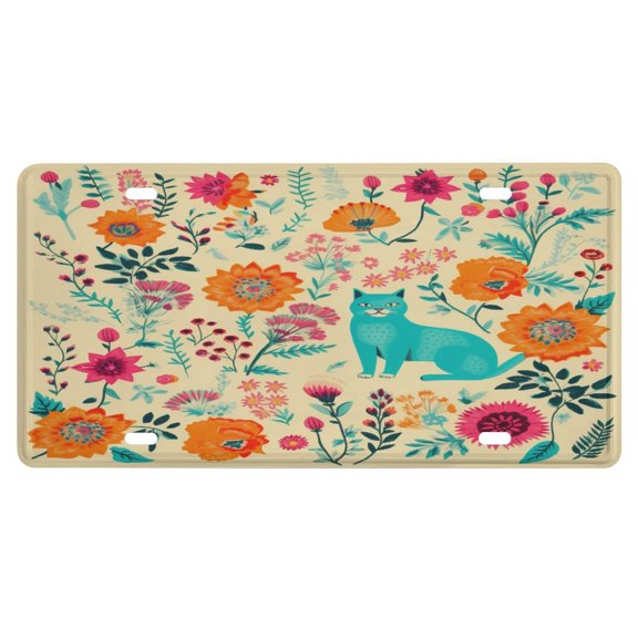 Pink Flower Pattern With Cats And Flowers License Plate Cover Durable Car Tag Cat Lovers Custom Car Accessories Aluminum Metal Decorative Car Front 6 X 12 Inch for Women Girls Men Boys