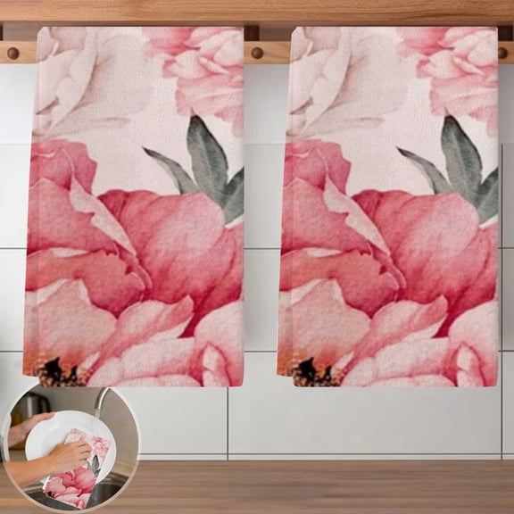 Pink Flower Pattern Kitchen Dish Cloth - 2 Piece Set, 40x60cm Reusable & Absorbent Cleaning Towels, Durable Dish Wipes for Kitchen, Bathroom, Household Cleaning Needs