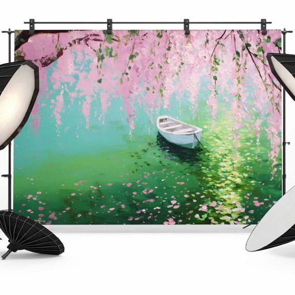 Pink Flower Photography Backdrop 7x5FT, Small Boat Oil Painting Lake Spring Plant Photo Backdrops, Background for Photography Studio Photo Studio Background, Back Drop for Photoshoot