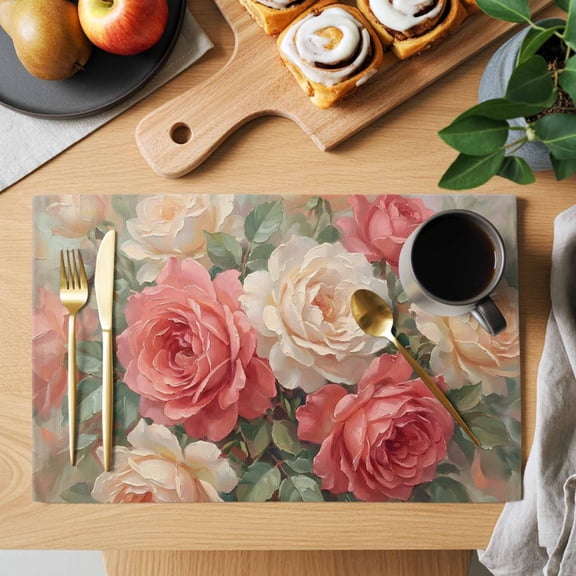 Pink Flower Placemats Set of 2, Orange Rose Green Leaf Classic Romantic Style Heat Insulated Linen Place Mats, Washable Stain-Proof Table Mats for Dining Tables Holiday Decor 13x19 Inches