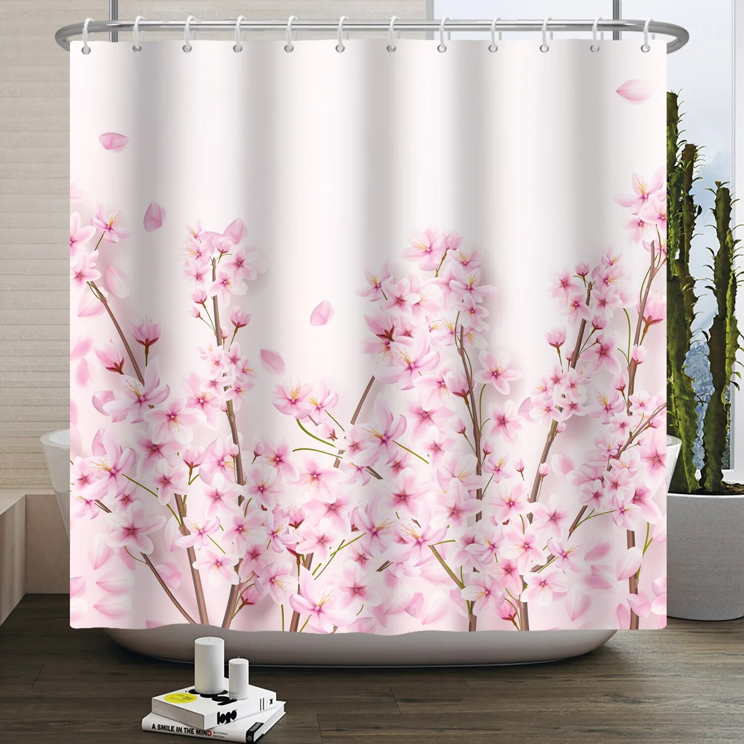 Pink Floral Cherry Blossom Shower Curtain Set - Fabric Bathroom Decor With 12 Hooks, 70.8x70.8 Inch