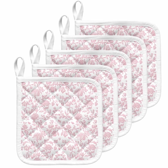 Pink Flower Pot Holders for Kitchen Heatproof Potholder, 5 Pack Vintage Farmhouse Boho Leaf Spring Solid Hot Pads Multipurpose Oven Pads Cloth Potholders Trivet for Cooking Baking