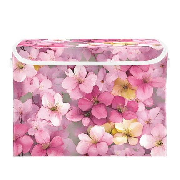 Pink Flower Print Large Storage Bins with Linen Collapsible Lid Storage Box 16.7 x 12.6 x 11.8in