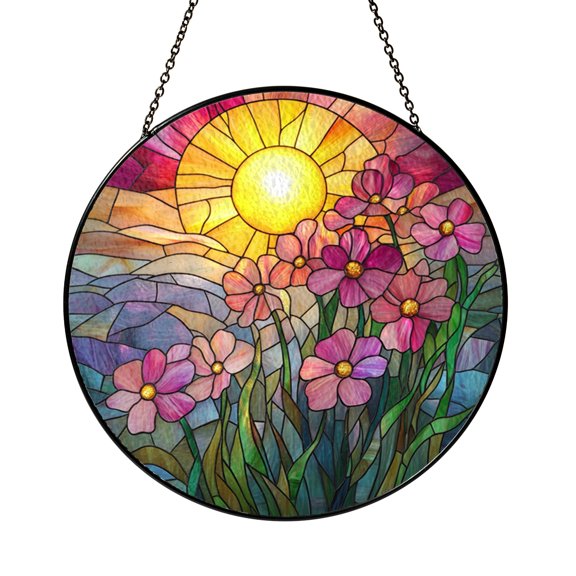 Pink Flower Radiant Sun Stained Glass Suncatcher Colorful Window Hanging Cheerful Floral Garden Art