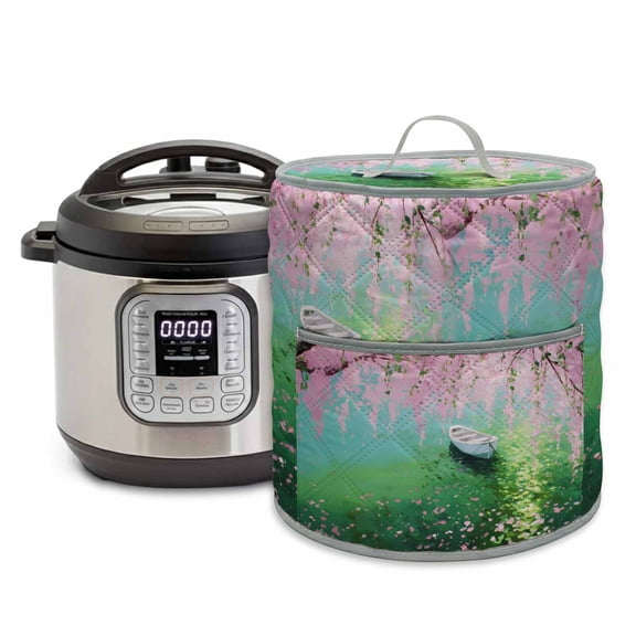 Pink Flower Rice Cooker Cover 6 Quart Small Boat Oil Painting Lake Spring Plant Pressure Cooker Cover Appliance Protector Dust Case with Pocket and Handle for Kitchen