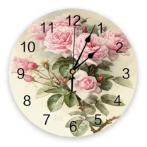 Pink Flower Rose Vintage Wall Clock Modern Design Living Room Decoration Kitchen Clock Mute Wall Watch Home Interior Decor(10 Inch)