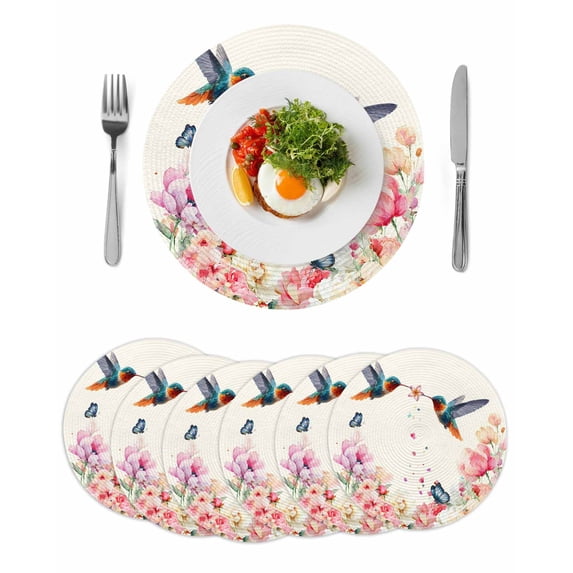 Pink Flower Round 13 Inch Placemats Set of 6, Spring Floral Butterflies Birds Elegant Farmhouse HeatResistant Non Slip Place Mats for Dining Table, Wipeable Kitchen Table Mats for Housewarming