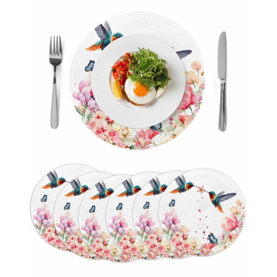 Pink Flower Round 13 Inch Placemats Set of 6, Spring Floral Butterflies Birds Farmhouse HeatResistant Non Slip Place Mats for Dining Table, Wipeable Braided Kitchen Table Mats for Housewarming