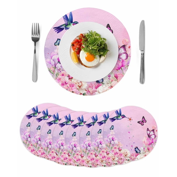 Pink Flower Round 15 Inch Placemats Set of 8, Spring Floral Butterfly Elegant Pastoral Birds HeatResistant Non Slip Place Mats for Dining Table, Wipeable Braided Kitchen Table Mats for Housewarming