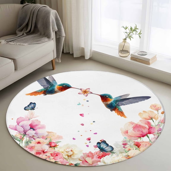 Pink Flower Round Area Rug 4ft, Spring Floral Butterflies Birds Farmhouse Washable Non-Slip Circle Rugs for Bedroom Living Room Kitchen, Soft Non Shedding Circle Carpet for Dining Room Dorm