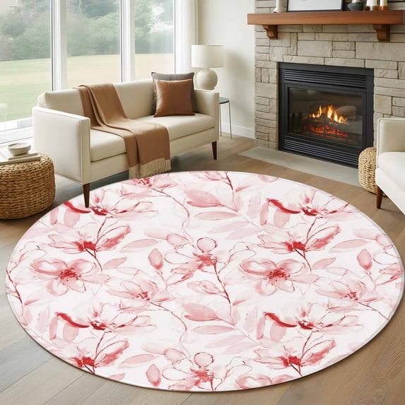 Pink Flower Round Area Rug 5Ft Washable Circle Rugs for Living Room Bedroom, Watercolor Floral Botanical Line Drawing Print Non-Slip Carpet Floor Mats Indoor Outdoor Carpet Runner Home Decor