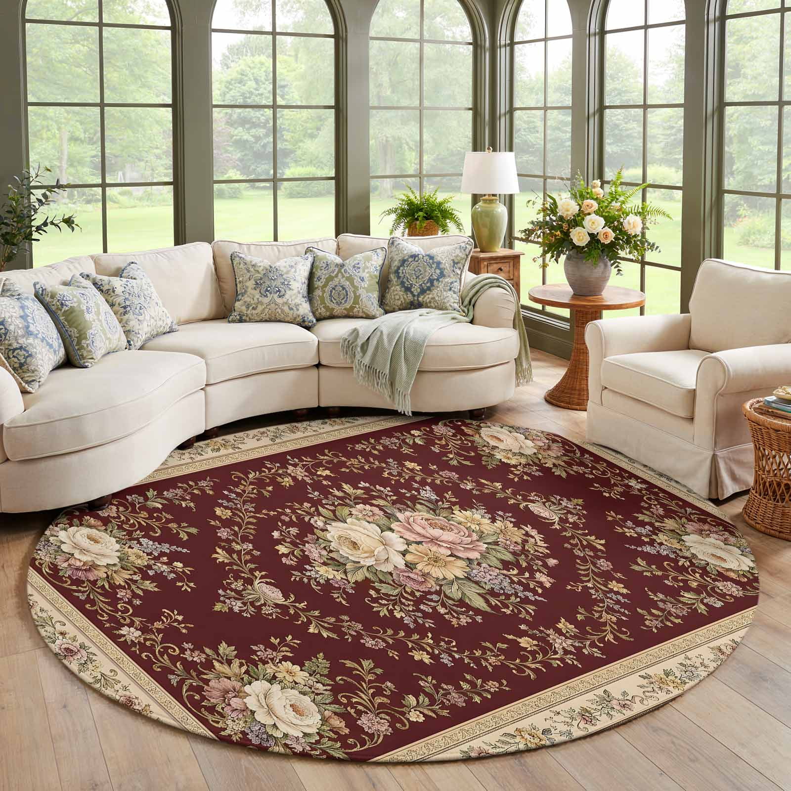 Large Round Area Rug Colorful Pink Flower Round Area Rug Living Room 8ft, Classical Beige Floral Vine ...