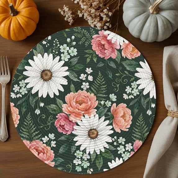 Pink Daisy Print Pink Flower Round Braided Placemats 15