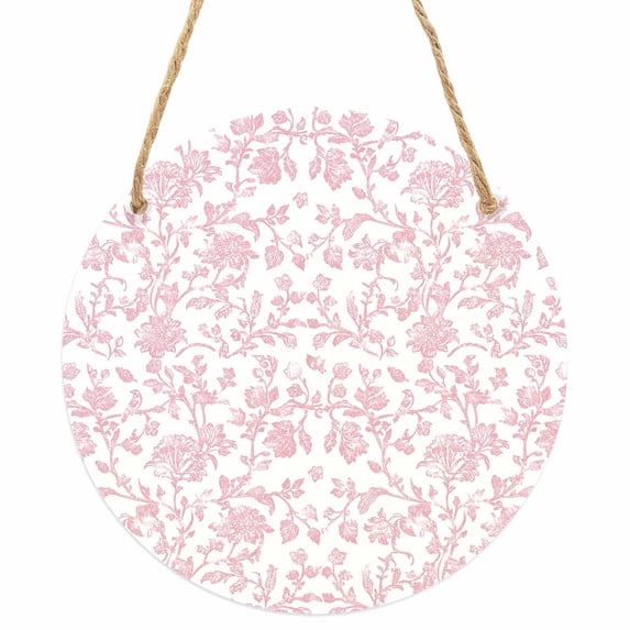 Pink Flower Round Front Door Welcome Sign, 7.8 Inch Wall Hanging Decor for Indoor Outdoor, Vintage Farmhouse Boho Leaf Spring Solid Home Porch Hanger Decorations for Holiday Gift