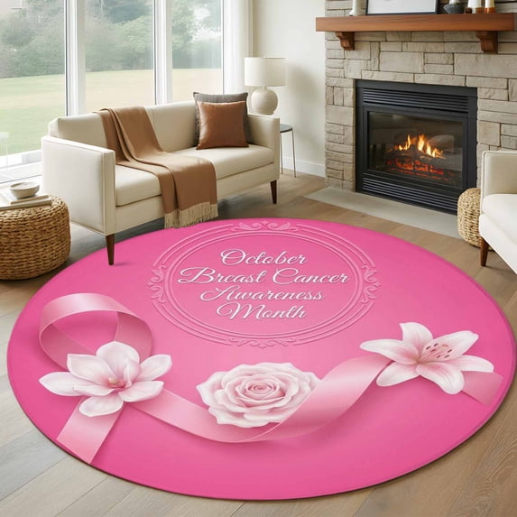 Pink Flower Round Living Room Rugs 7 ft, Ribbons Caring For Breast Cancer Simple Washable Area Rug with Non-Slip Sturdy Edge Binding Round Carpet for Kitchen Office Bedroom