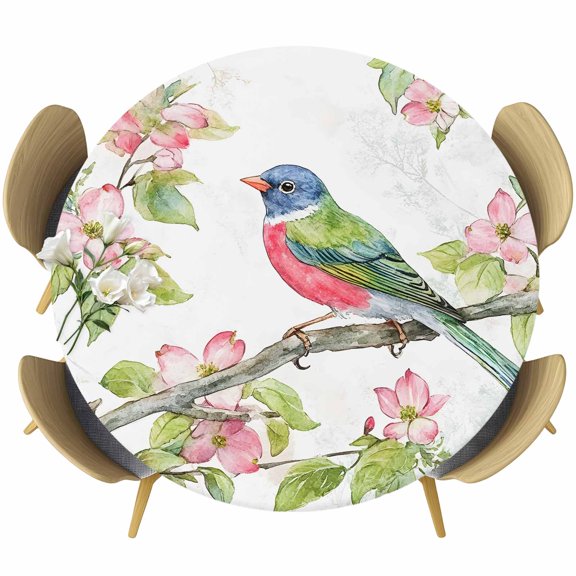 Pink Flower Round Tablecloth 36-44 Inch Round Fitted Table Cloth with Elastic Edge, Green Leaf Birds Vintage Painting Spring Waterproof Table Cover Protector for Outdoor Picnic Party Dining