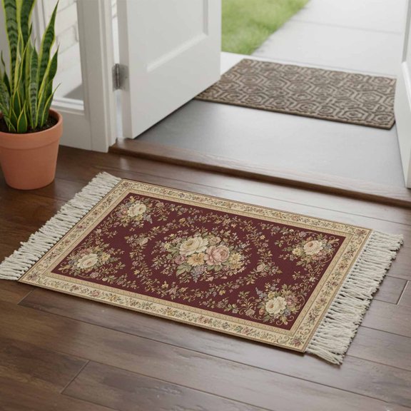 Pink Flower Runner Rug with Tassels 2'x3' Classical Beige Floral Vine Art Prints Burgundy Backdop Woven Runners for Hallways Washable Rug Runner Floor Carpet for Bedroom Living Room Kitchen