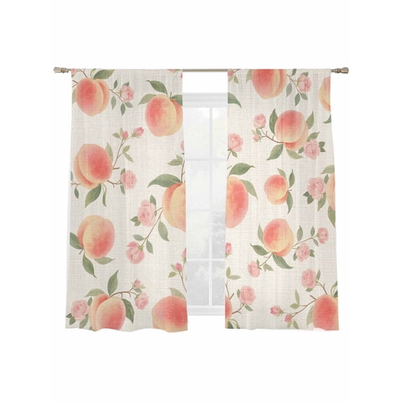 Pink Flower Sheer Curtains 2 Panels Set Peach Green Leaf Vintage Linen Fruit Abstract Sheer Window Curtains Light Filtering Rod Pocket Voile Drapes for Bedroom Living Room 52"x63"