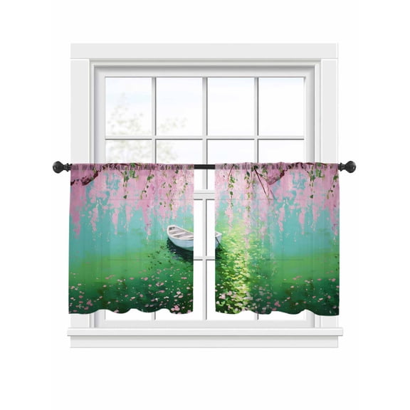 Pink Flower Sheer Curtains 2 Panels Set Small Boat Oil Painting Lake Spring Plant Sheer Window Curtains Light Filtering Rod Pocket Voile Drapes for Bedroom Living Room 52"x54"