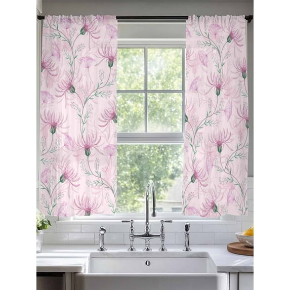 Pink Flower Sheer Curtains 72 Inches Long 2 Panels Country Plant Retro Watercolor Texture Light Filtering Semi Sheer Window Curtains Drapes for Bedroom Living Room 52"x72"
