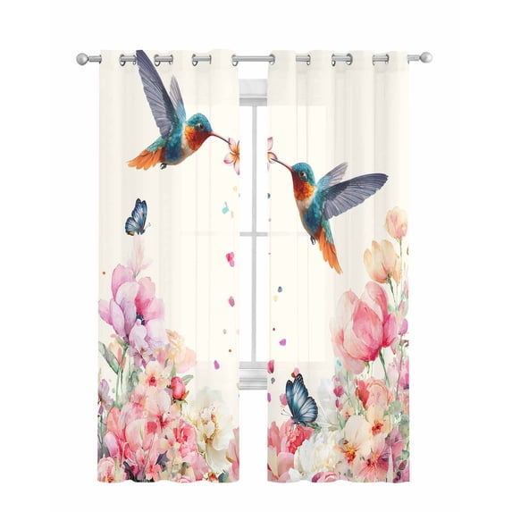 Pink Flower Sheer Curtains 84 Inch Length 2 Panels Set for Living Room/Bedroom, Spring Floral Butterflies Birds Elegant Farmhouse Kitchen Curtains Grommet Curtains Window Treatments 52"x84"x2