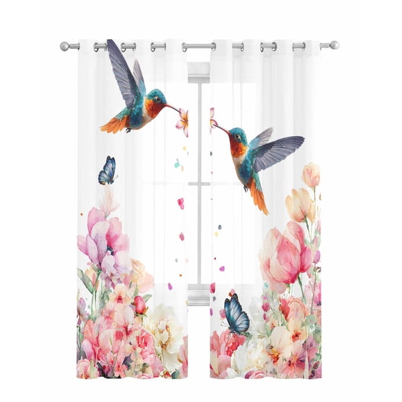 Pink Flower Sheer Curtains 84 Inch Length 2 Panels Set for Living Room/Bedroom, Spring Floral Butterflies Birds Farmhouse Kitchen Curtains Grommet Semi-Sheer Curtains Window Treatments 52"x84"x2