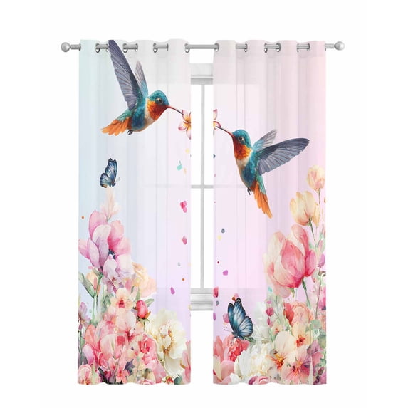 Pink Flower Sheer Curtains 84 Inch Length 2 Panels Set for Living Room/Bedroom, Spring Floral Elegant Butterflies Birds Farmhouse Kitchen Curtains Grommet Curtains Window Treatments 42"x84"x2