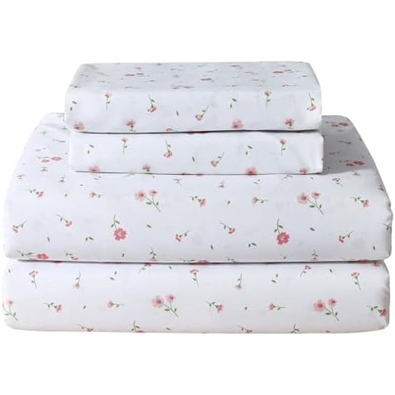 Pink Flower Sheets for King Size Bed - 4 Piece Microfiber Floral Sheet Set with 15" Deep Pocket, Cute Pink Spring Flower Sheets and Pillowcase Set