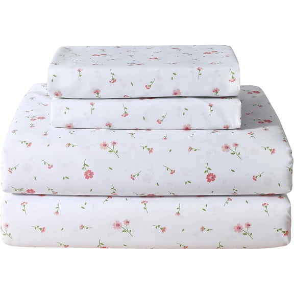 Pink Flower Sheets for King Size Bed - 4 Piece Microfiber Floral Sheet Set with 15" Deep Pocket, Cute Pink Spring Flower Sheets and Pillowcase Set