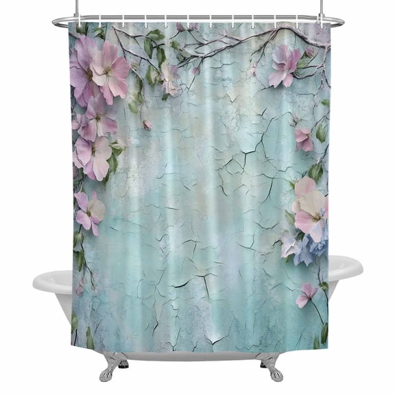Pink Flower Shower Curtain for Bathroom, Floral Branch Vintage Walls Mottled Texture Waterproof Cloth Fabric Bathroom Accessories Set with 12 Rust Proof Plastic Hooks, 72"x78"