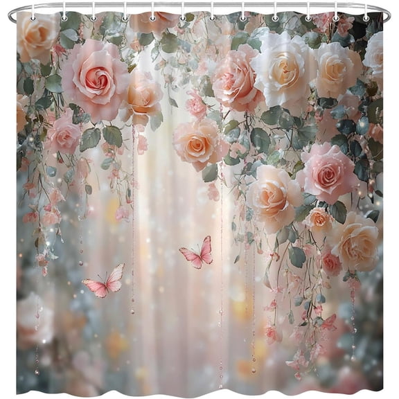 Pink Flower Shower Curtain Farmhouse Pink White Rose Floral Butterfly Spring Summer Romantic Garden Abstract Background Polyester Fabric Bathroom Decor with Hook-72"W x 72"L (Pack of 1)