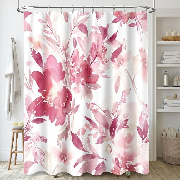 Pink Flower Shower Curtain, Hot Pink Watercolor Floral Shower Curtains for Bathroom, Modern Ink Decorative Fabric Shower Curtain Set with Hooks 72x72