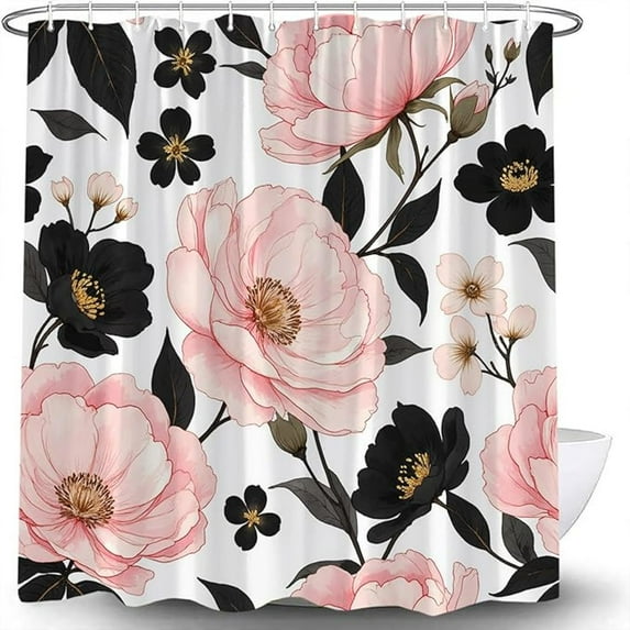 Pink Flower Shower Curtain Watercolor Floral Black Leaves Plant Modern Minimalist Aesthetic Bath Decor Curtain With Hooks 60"W x 72"L