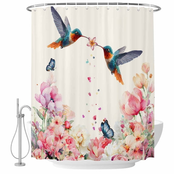 Pink Flower Shower Curtain, Waterproof Shower Curtains for Bathroom, Spring Floral Butterflies Birds Elegant Farmhouse Washable Fabric Bathtub Curtain Set Bath Decor with 12 Hooks Stall 36"x72"