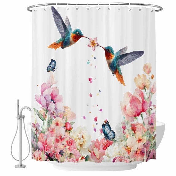 Pink Flower Shower Curtain, Waterproof Shower Curtains for Bathroom, Spring Floral Butterflies Birds Farmhouse Washable Fabric Bathtub Curtain Set Bath Decor with 12 Hooks Standard 72"x72"