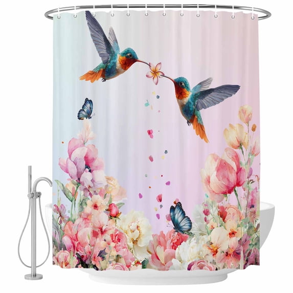 Pink Flower Shower Curtain, Waterproof Shower Curtains for Bathroom, Spring Floral Elegant Butterflies Birds Farmhouse Washable Fabric Bathtub Curtain Set Bath Decor with 12 Hooks Stall 36"x72"