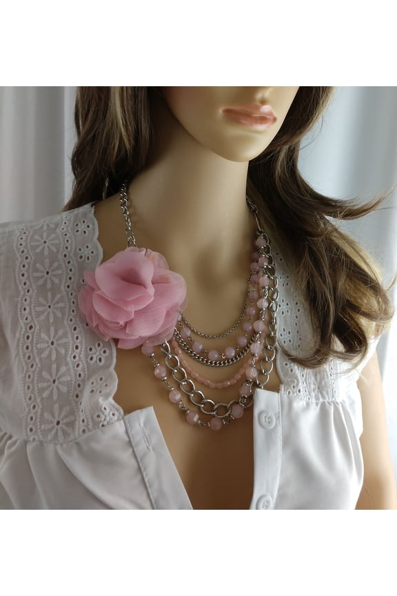 Pink Flower Silver Tone Chain Multistrand Beaded Necklace