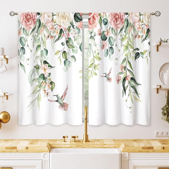 Pink Flower Small Kitchen Curtains Floral Eucalyptus Botanical Plant Window Treatment Spring Hummingbird Short Window Curtains for Bathroom Room Green Leaf Tier Treatment Drapes 27.5x39 inch