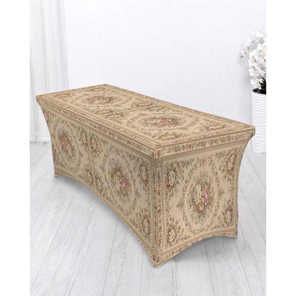 Pink Flower Spandex Tablecloth 4ft Classical Beige Floral Vine Frame Art Prints Rustic Elastic Fitted Cloth for Rectangle Table Washable Wrinkle Proof Stretch Table Cover for Wedding Party Banquet